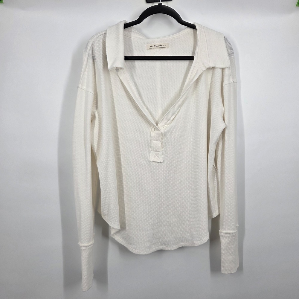 FREE PEOPLE WHITE V-NECK HENLEY SZ L Thermal Flowy Neutral Nautical Collared